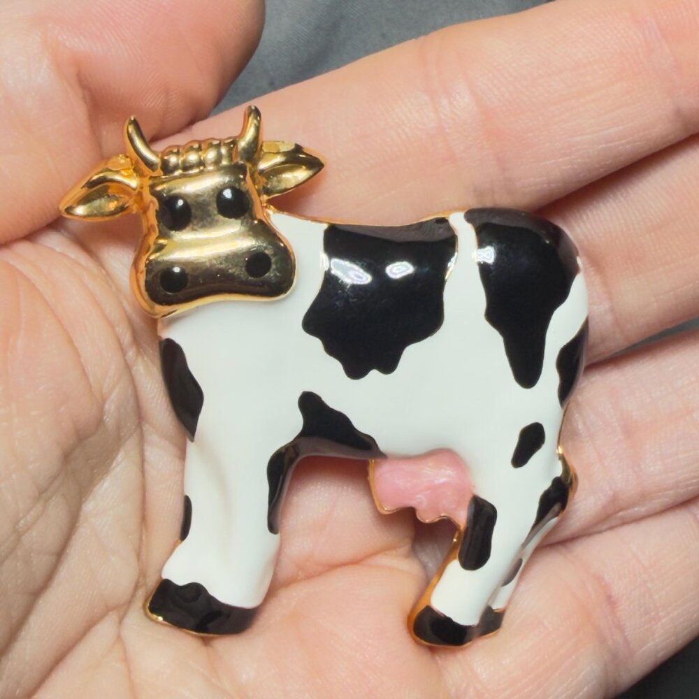 Cow Brooch Cookie Lee Black White Enamel Pink Udder Figural Farm Pin 2”